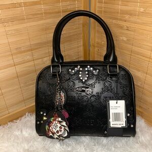 Ed Hardy Black Skull Embossed Satchel Bag with Studded Accents Bag Charm NWT Y2K